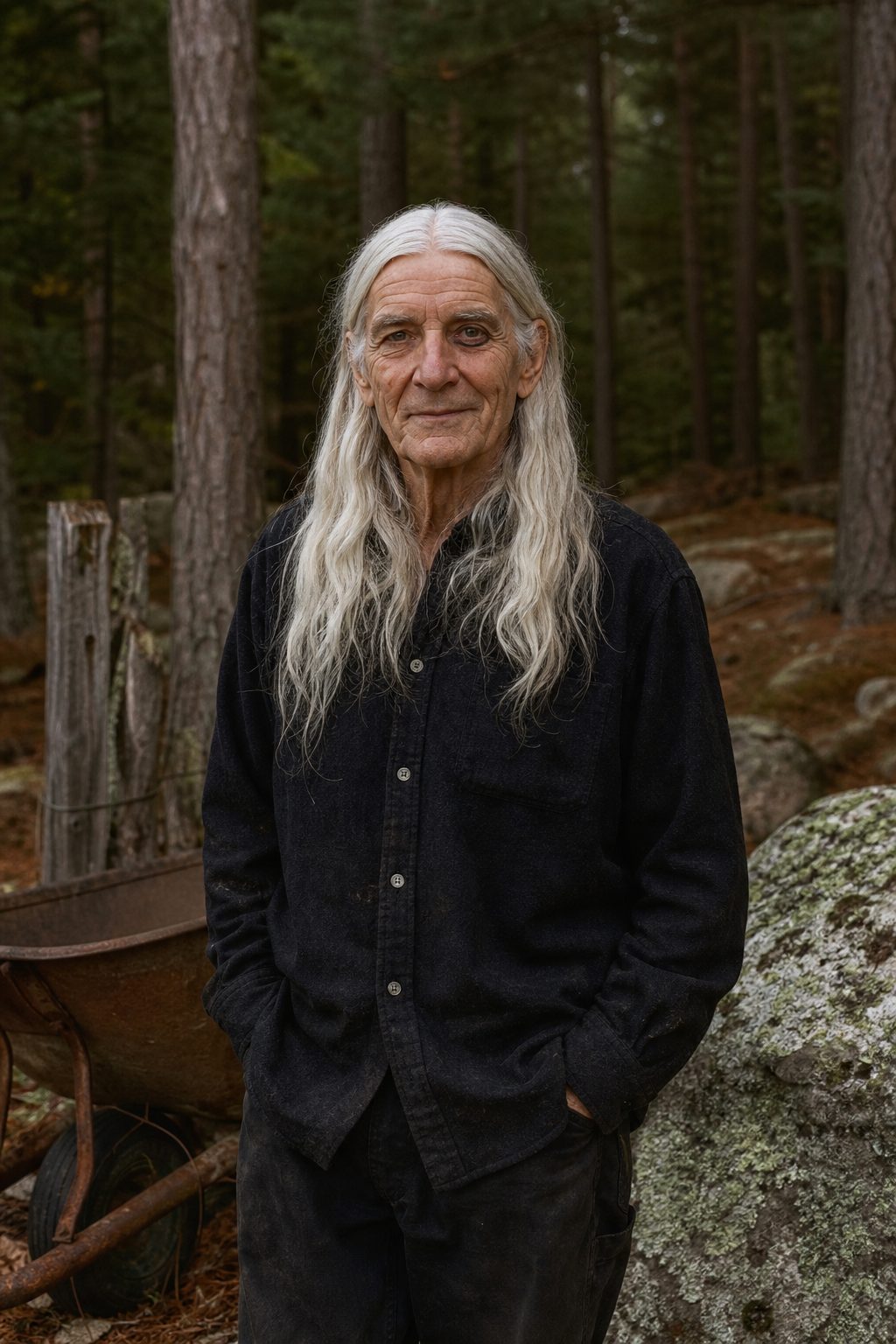 Alphonse-Réal Bougie, 89 ans, cheveux blancs longs, habillé en noir, à la lisière des pins