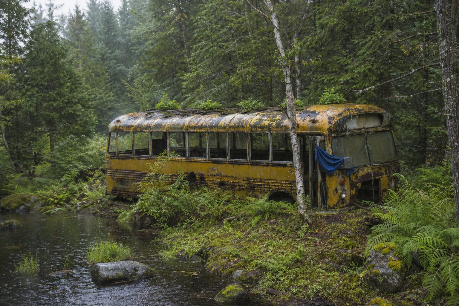 L'autobus scolaire de 1961 enfoncé dans la mousse au bord de la crique