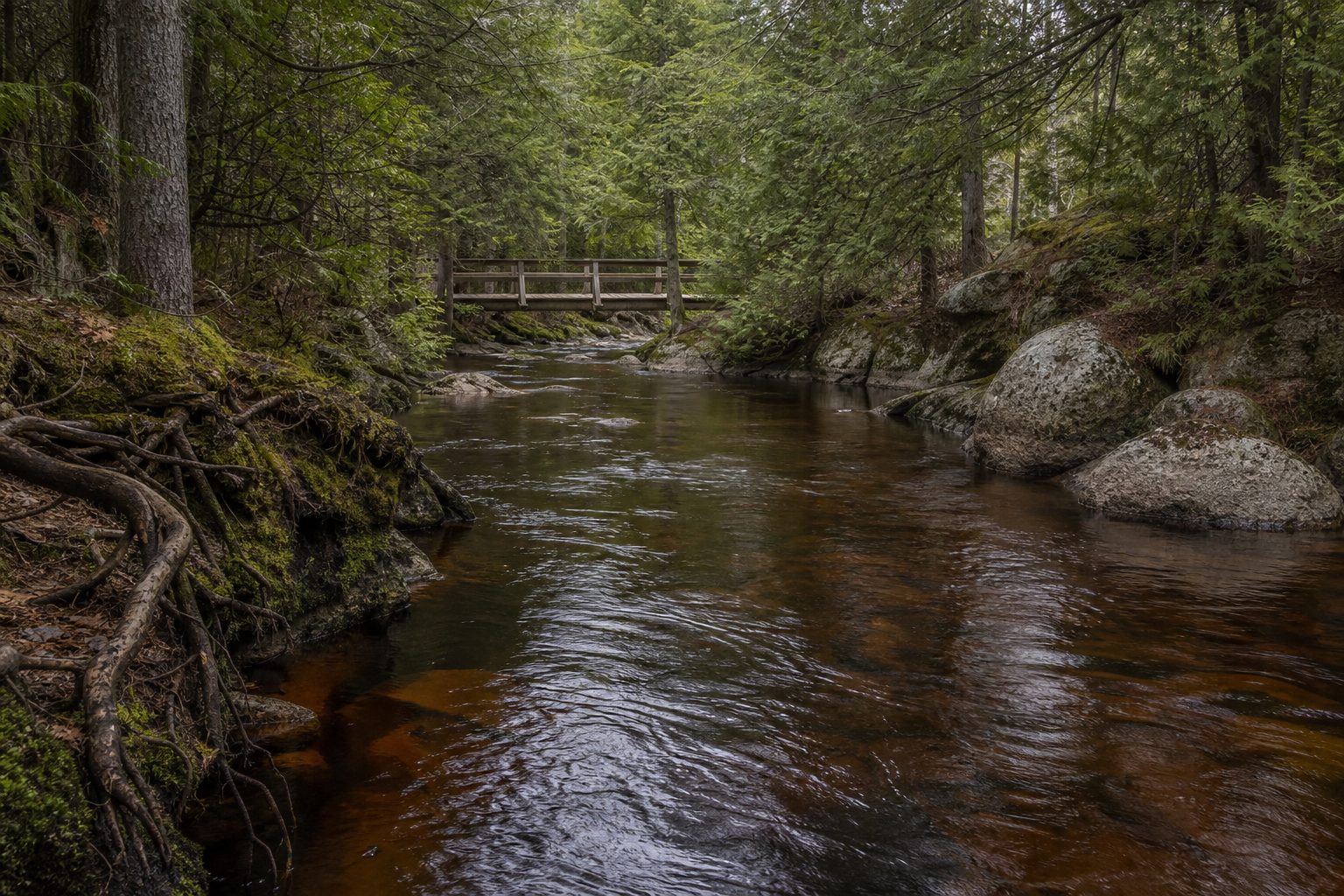 La crique dans le vieux pin blanc, avec le petit pont de bois