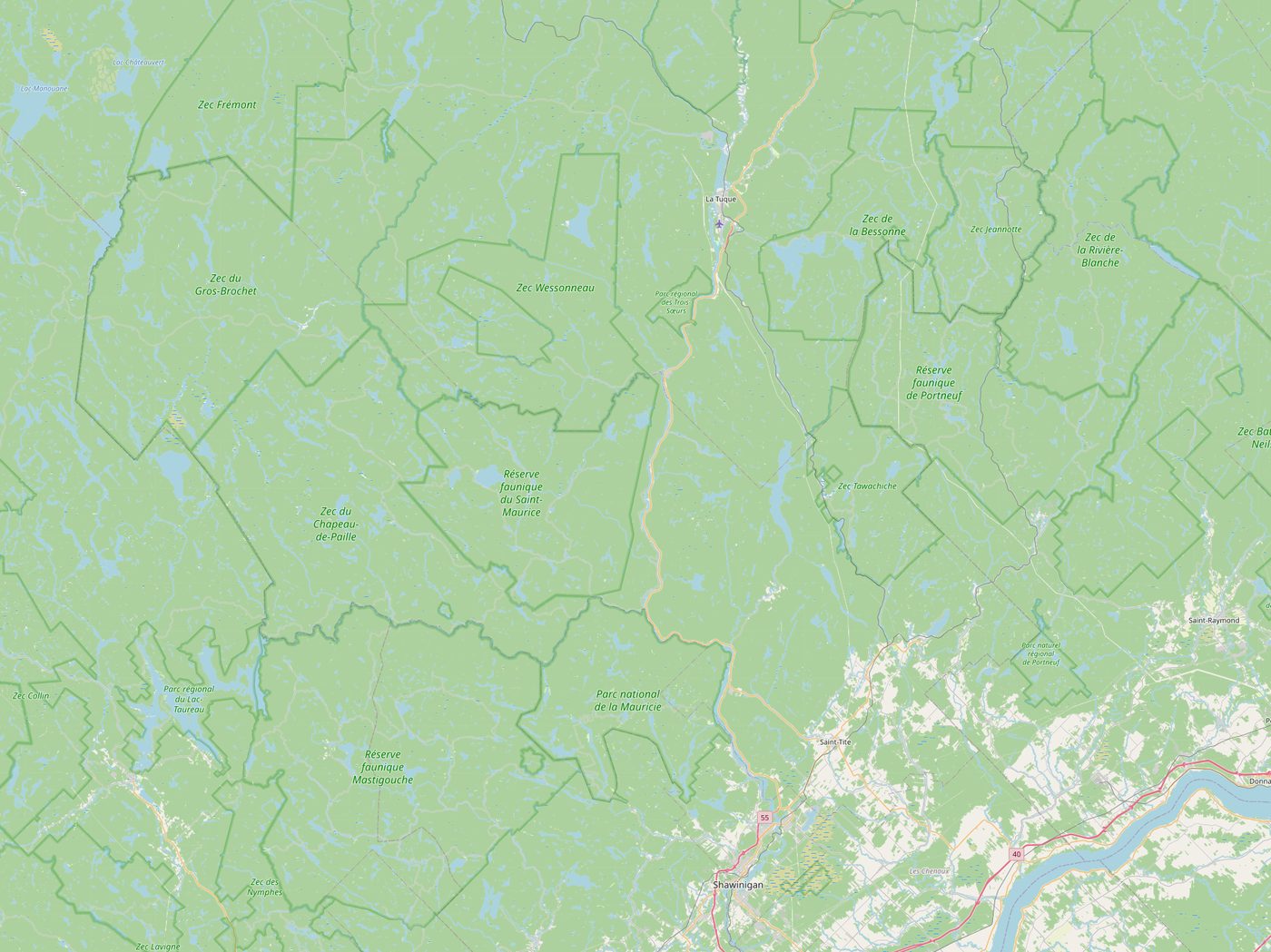 Carte de la Mauricie, du corridor du Saint-Maurice entre Shawinigan et La Tuque