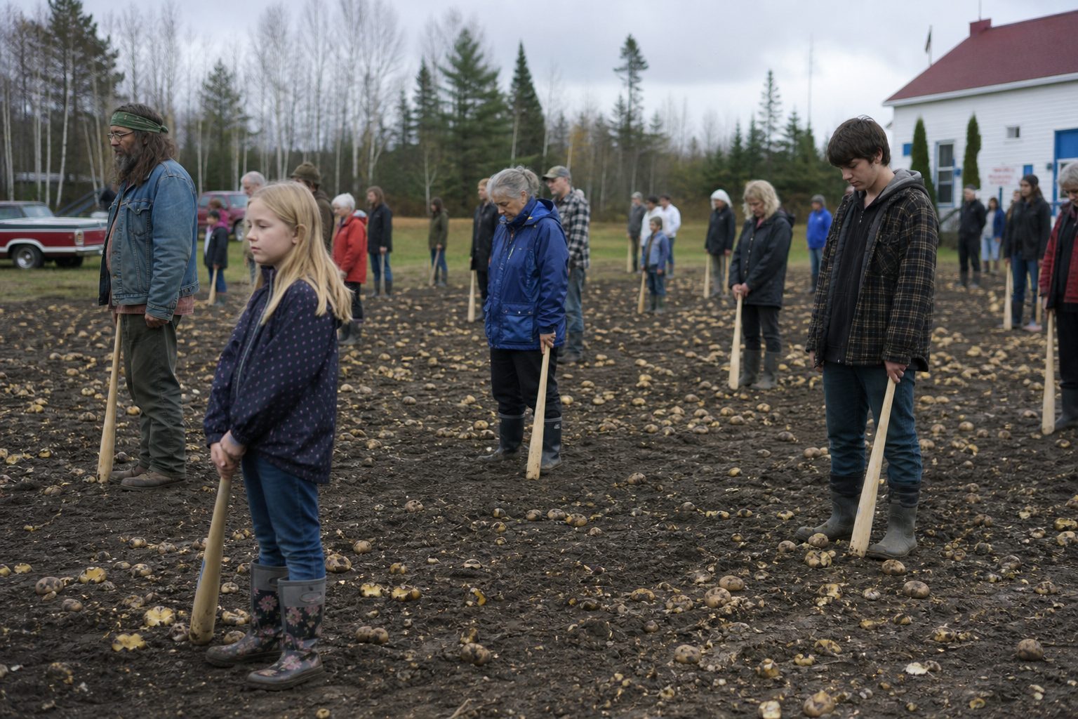 La Battue des Excuses : du monde de tous les âges avec des bâtons de bois dans un champ d'automne