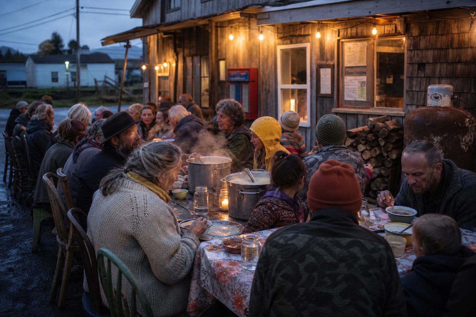 La grande table de la Soupe du Jeudi au crépuscule, du monde tout le tour